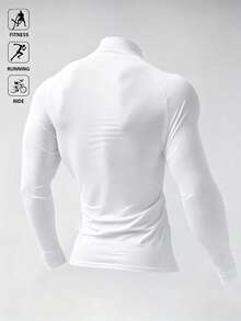 GymBeat Kaos Olahraga Pria Lengan Panjang Slim Fit dengan Motif Grafis dan Kerah Tegak - Putih - View 2