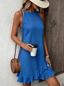SHEIN Women's Vacation Halter Neck Casual Dress With Ruffle Hem - Blue - View 5