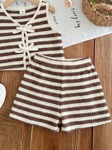 SHEIN LMoss Kids 少女條紋拼接撞色綁帶上衣與短褲休閒日常套裝 - 彩色 - 查看 3