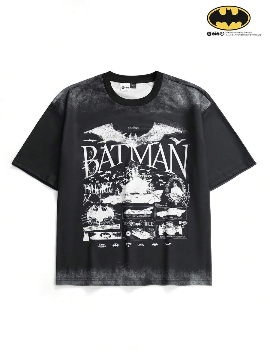 BATMAN X SHEIN STYNVO Men's Fashionable Printed Short Sleeve T-Shirt, Summer - Black - View 1