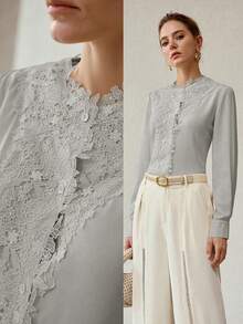 MOTF PREMIUM WOMEN'S ELEGANT LACE TRIM LONG SLEEVE BLOUSE - Light Grey - View 7