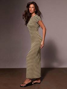 Athîral Women's Fashion Minimalist Striped Slim Fit Round Neck Short Sleeve Dress - Coffee - View 5