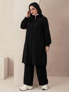 Modelyn 優雅素色拉鍊長袖外套秋冬女款阿拉伯服飾套裝 - 黑色 - 查看 7