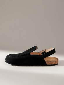Solecia Sepatu slip-on datar wanita terbaru, sandal setengah belakang terbuat dari bahan suede imitasi, dengan desain tali belakang. Sederhana, nyaman, dan serbaguna, cocok untuk bepergian, berbelanja, berjalan-jalan, dan berlibur. - Hitam - View 3