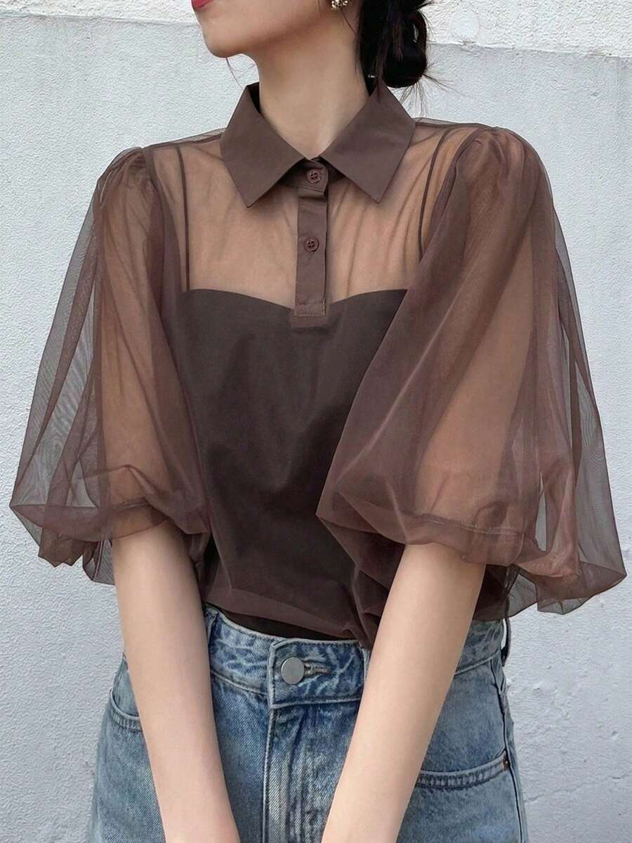 FRIFUL Women's Solid Brown Round Neck Puff Sleeve Sheer Mesh Loose Casual Versatile Layering Top Summer - Brown - View 1