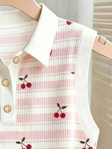 Resyla Summer Casual Striped Cherry Print Tank Top - Multicolor - View 3