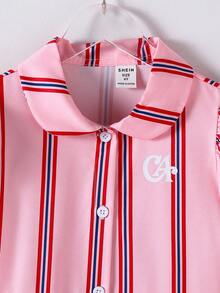 SHEIN Casuvi Kids Girls' Casual Fashion Preppy Style Pattern Embroidery Striped Puff Short Sleeve Shirt Dress, Suitable For Spring/Summer Outings, Outdoor, School And Daily Wear - Pink - View 3