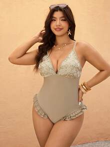 Elaquor 大尺碼女款度假亮片時尚細肩帶一件式泳衣 - 杏色 - 查看 5