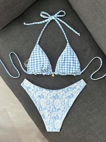 Swim Mod 女款甜美花卉圖案雙色特殊雙層面料掛脖比基尼套裝，適合海灘度假 - 彩色 - 查看 2