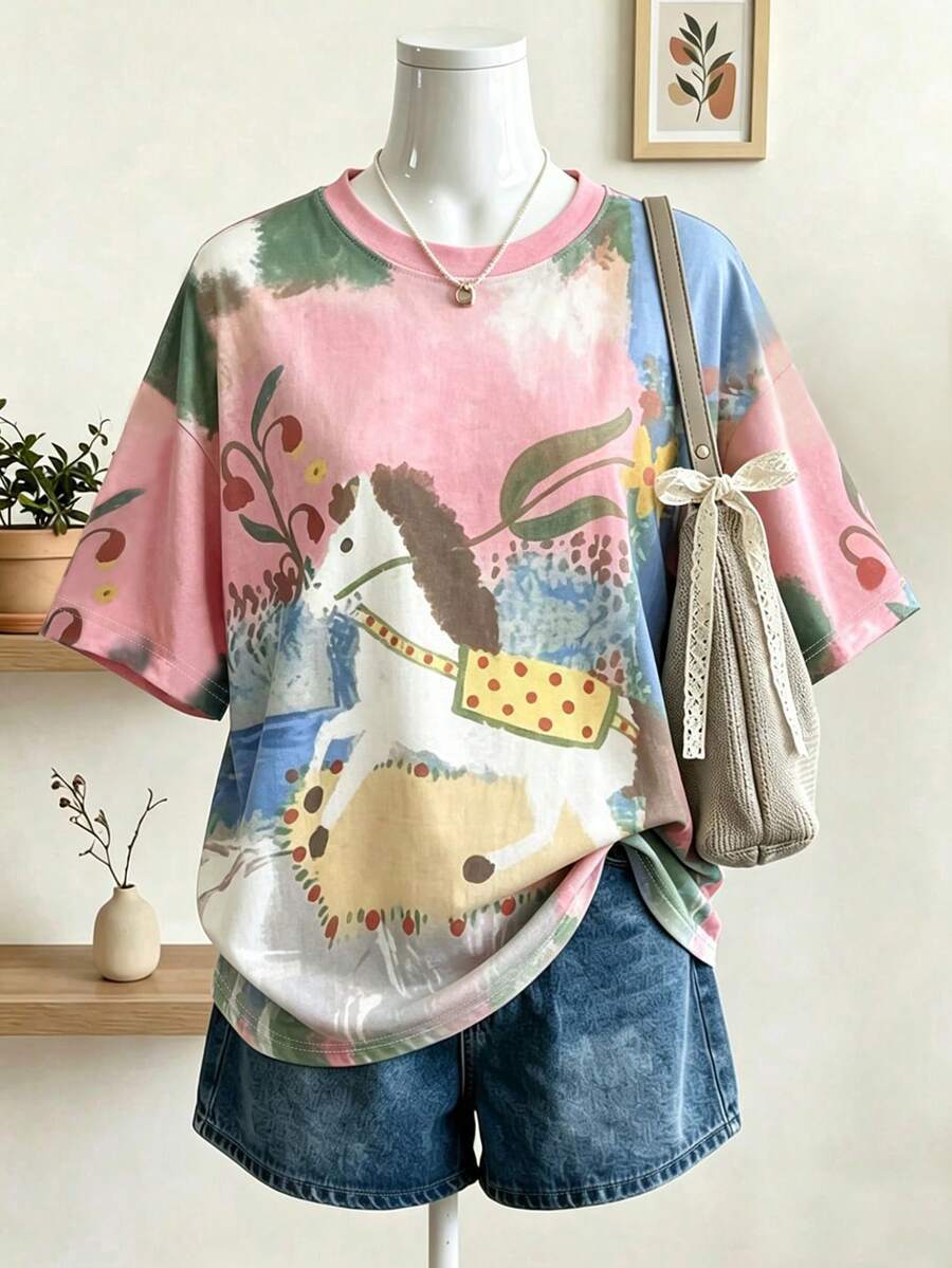 Lalippa Kaos Wanita Motif Kuda Poni Ilustrasi Cetak Digital Lengan Pendek Longgar Bahu Jatuh - MultiWarna - View 1