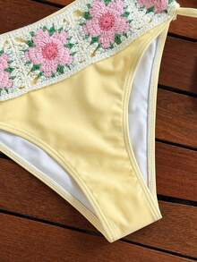 Swim Mod 春夏女款素色鉤編泳衣，飾有花卉緞帶細節與側邊抽繩綁帶，2件式比基尼套裝，適合海灘度假，時尚優雅，適用於假期與休閒穿著 - 黃色 - 查看 7