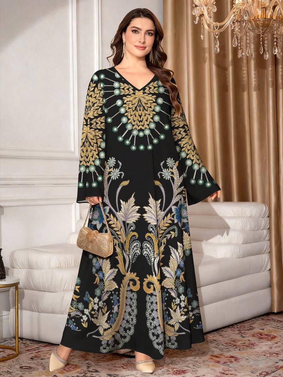 SHEIN Najma 大尺碼花卉與幾何刺繡圖案長洋裝,女裝時尚V領長袖洋裝,優雅阿拉伯風格服飾,莊重優雅的春夏季長洋裝 - 彩色 - 查看 1