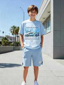 2pcs/Set Teen Boys Casual Racing Slogan Print Short Sleeve Crew Neck T-Shirt & Loose Fit Cargo Shorts Set, Comfortable And Fashionable, Suitable For Daily, Commuting And Travel Occasions - Baby Blue - View 1