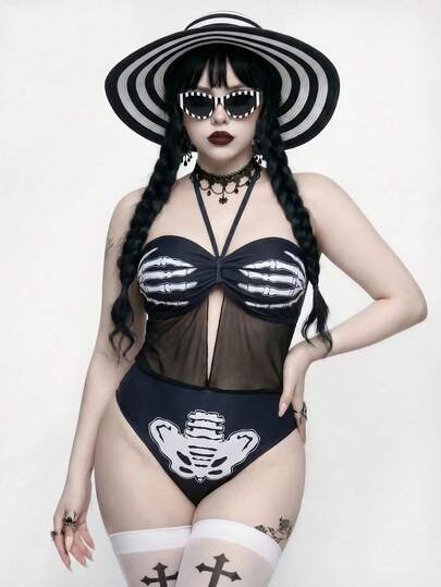 Goth 2026 Primavera/Estate Nuova Serie Dark Bestseller Bikini a 2 Pezzi con Imbottitura Toracica Rimovibile Sexy Bandeau Sotto Seno Design in Rete Senza Spalline con Spalline Fisse Davanti Slip Bikini Triangolo Stile Casual Moda Vacanza Costume da Bagno da Spiaggia
