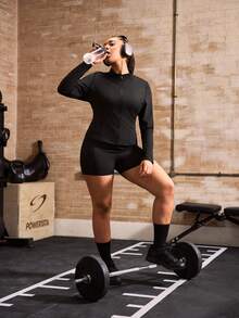 Powerista Women's Plus Size Summer Minimalist Solid Color Zipper Front Top And Shorts Sports Set - Black - View 9