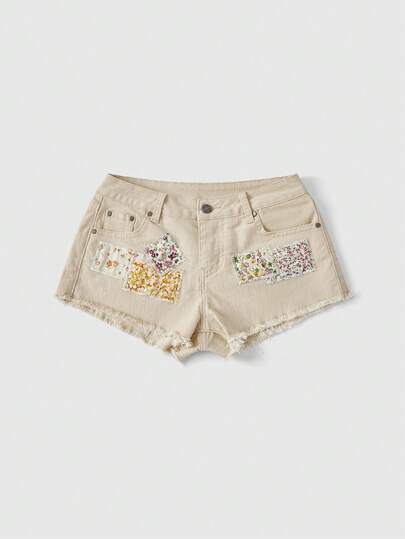 Sweetness Quần short denim nữ cạp siêu thấp, gấu sờn, phối hoa chắp vá thủ công, phong cách xuân/hè