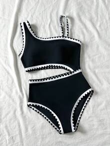 SHEIN Tween Girl Vacation Beach Floral Trim Waist Cutout One-Piece Swimsuit - Black and White - View 3