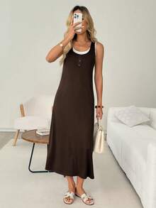 SHEIN LUNE Women's Casual Colorblock 2 In 1 Summer Vacation Commute Brunch Daily Basic Fashion Outing Sleeveless Midi Dress Brown And White Summer Outfits - Dark Grey - View 8