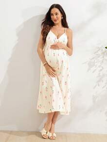 SHEIN 孕婦度假休閒細肩帶碎花洋裝 - 白色 - 查看 1
