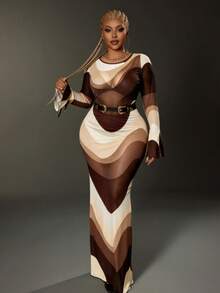Maweii Plus Size Color Block Round Neck Sheer Sexy Long Sleeve Dress - Apricot - View 3