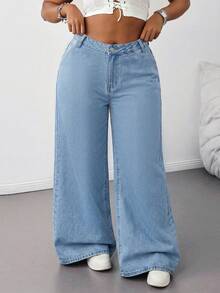 SHEIN Tall CURVE Plus Size Light Blue Elastic Waist Casual Straight Loose Fit Jeans - Light Wash - View 4