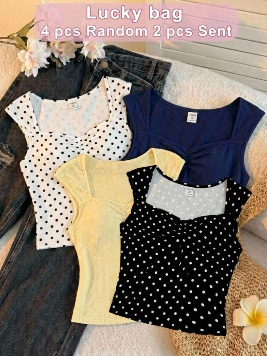 SHEIN 青少年女孩方領百褶短版上衣 2 件組波點/黑色波點套裝 修身顯身材 紋理面料 復古甜酷風 夏季親膚日常穿著 小眾設計內搭 T 恤 - 黑色 - 查看 1