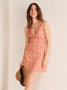 lacRébo Orange Floral Sleeveless Mini Dress With Lace-Trim, V Neckline, Underbust Seam And A-Line Shape Summer Vacation Dress - Pink - View 1