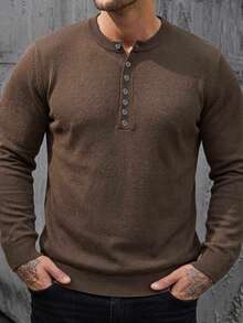 DAZY Spring/Summer Textured Fabric Brown Half-Open Front Men's Plus Size Knit Top - Brown - View 5