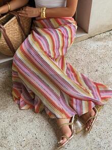 Attriella Women's Loose Red Striped And Casual Boho Vacation Skirt Beach Brunch Summer - Pink - View 1