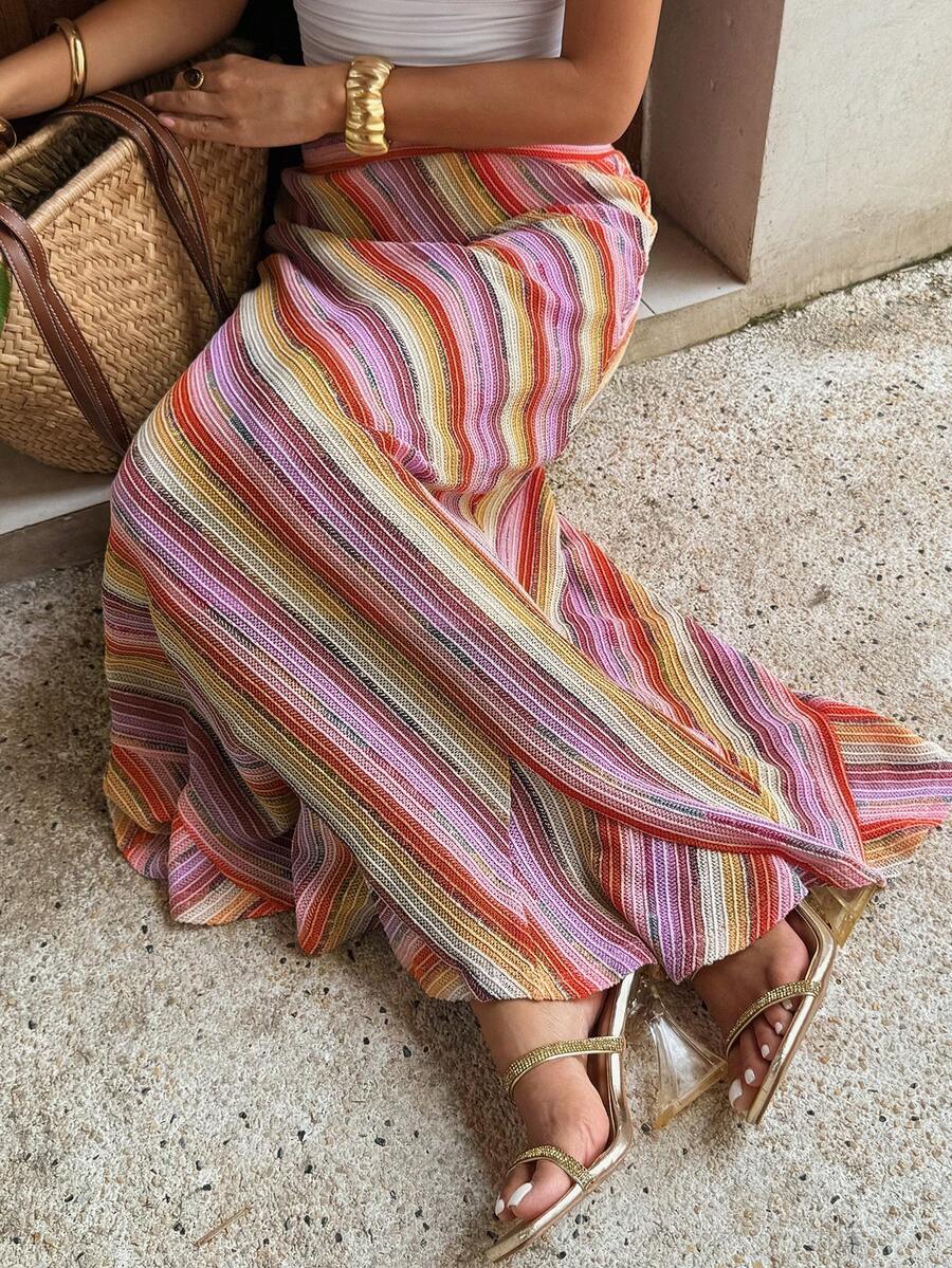Attriella Women's Loose Red Striped And Casual Boho Vacation Skirt Beach Brunch Summer - Pink - View 1
