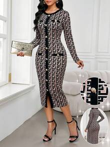 SHEIN Lady Đầm dài tay ôm dáng thanh lịch dành cho nữ, họa tiết hình học, thiết kế cài nút. - màu nâu - Xem 2
