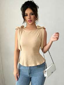 Selianne Áo nữ trơn màu, cổ tròn, không tay, kiểu dáng thường ngày, có nút thắt ở vai. - Màu be - Xem 5