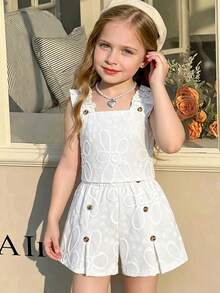 Tween Girl Solid Color Jacquard Tank Top + Shorts 2 Pieces Set - White - View 5