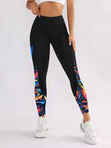 SHEIN Sports 女款眼睛印花口袋緊身褲，適用於日常健身與運動 - 彩色 - 查看 3