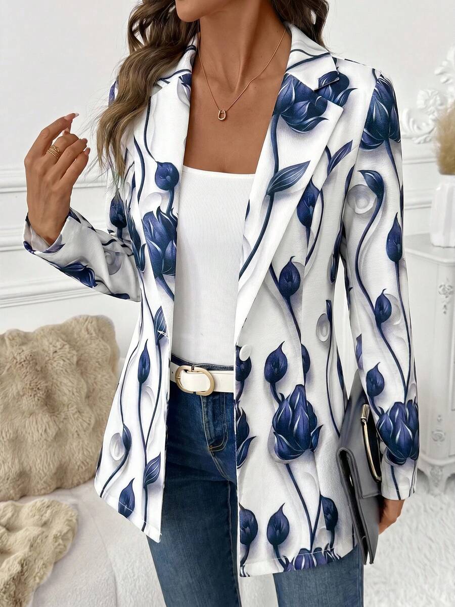 SHEIN Clasi 女款翻領長袖花卉印花收腰西裝外套 - 淺藍色 - 查看 1