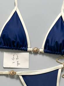 Bonvoyette Conjunto de bikini de triángulo con cuello halter sexy para mujer con accesorios de sol para vacaciones en la playa - Azul Marino - Ver 7