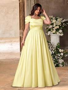 Aureia Plus Size Elegant Minimalist Regular Shoulder Ruched Waist Luxurious Satin Fitted Dress, Suitable For Weddings, Parties, Formal Events, Bridesmaid - Yellow - View 3