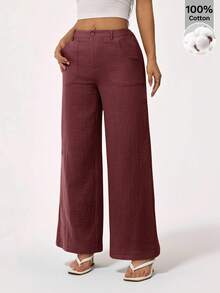 SHEIN PETITE 100% Washed Cotton Low Waist Straight Pants ,Petite Women - Brown - View 8