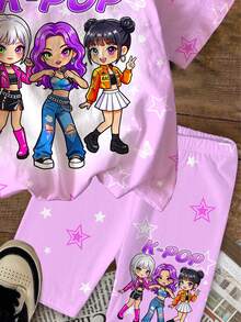 少女休閒簡約卡通女團印花 K-Pop 超級巨星短袖T恤與短褲兩件組，適合夏季 - 彩色 - 查看 6