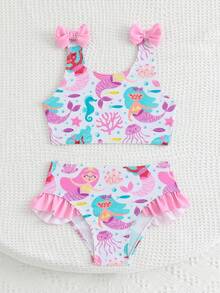 SHEIN Young Girl Beach Vacation Cartoon Mermaid Print Bow Decor Swimsuit Set - Pink - View 3