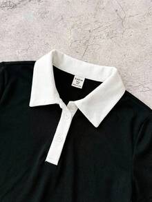 SHEIN 少女黑白休闲个性化撞色领罗纹针织纽扣修身连衣裙，夏季连衣裙，蝴蝶刺绣 - 黑與白 - 查看 7