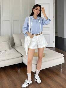 DAZY 女款休閒通勤條紋長袖連帽襯衫 夏季 - 藍白色 - 查看 6