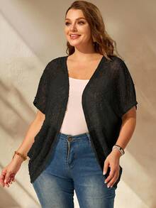 EMERY ROSE Chaqueta casual de talla grande para vacaciones, unicolor, dobladillo asimétrico, manga murciélago, primavera/verano - Negro - Ver 5