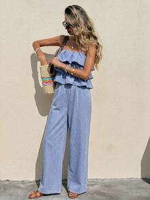 Serisse Damen Sommer Rüschen Träger Denim Jumpsuit Sommer Festival Kostüm Pendeln Urlaub Abschluss Chic Y2K Süß Streetwear Coquette Party Hochzeit Elegant Business Casual Frau Business Strand Abschluss Ausgehen Geburtstag - Blau - Übersicht 3