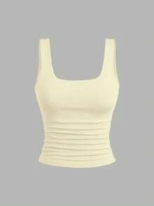 Sweetra Women's Solid Color Square Neck Pleated Casual Versatile Tank Top - Multicolor - View 3