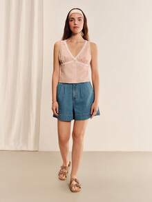 lacRébo Pink Plaid Lace Trim Sleeveless Top, Deep V-Neck Front Button Design - Pink - View 4