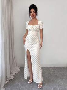 Vestido de verano de manga corta para mujer, vestido de vacaciones con estampado digital, vestido de playa y vacaciones con bajo con abertura, vestido largo con fruncido en la cint - Amarillo 2 - Ver 4