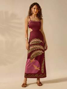 CAJUNI Women's Fashionable Vacation Floral Print Spaghetti Strap Long Dress - Burgundy - View 5
