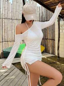 DAZY 女款夏季不對稱單肩抓皺綁帶沙灘罩衫，性感透視泳裝圍裙長袖 - 白色 - 查看 5