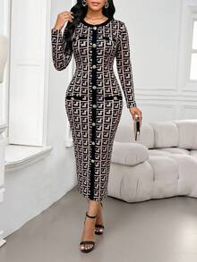 SHEIN Lady Đầm dài tay ôm dáng thanh lịch dành cho nữ, họa tiết hình học, thiết kế cài nút. - màu nâu - Xem 5
